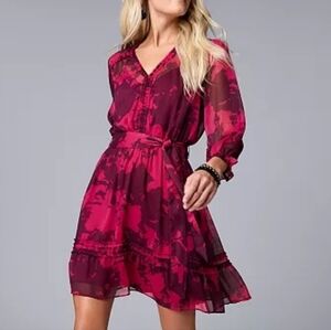 Simply Vera Vera Wang Floral Ruffle Long Sleeves Mini Dress, Small, Pink/ Purple